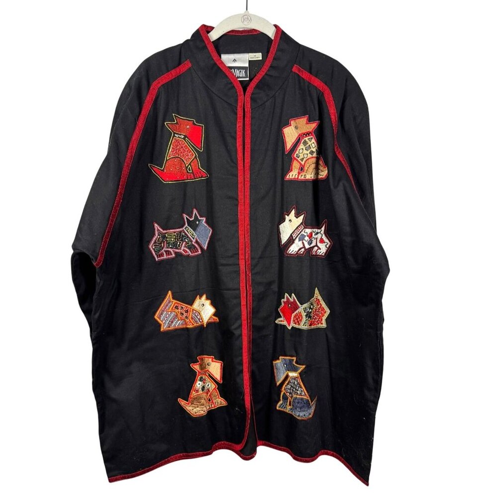 VTG Yak Magic Snap Front Jacket Black Red Sz 1X Sequin Beaded Embroidered Dogs